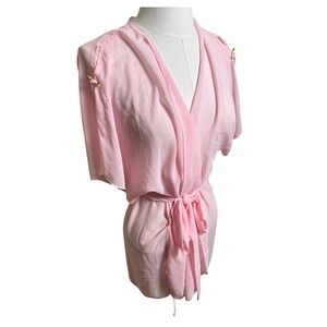 VTG Pink Sheer Robe Short Sleeve Sheer Coquette Romantic Girly Rose Womens L